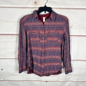 PILCRO Top Women Small Multicolor Embroidered Shirt Button Up Long Sleeve Collar